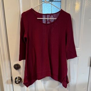Pink Rose Waffle Knit Burgundy Asymmetrical 3/4 Length Sleeve Top